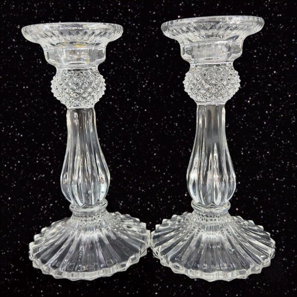 1980s Clear Crystal Diamond Point Candle Stick Holder Set 2 Candle Holder VTG - Picture 10 of 15